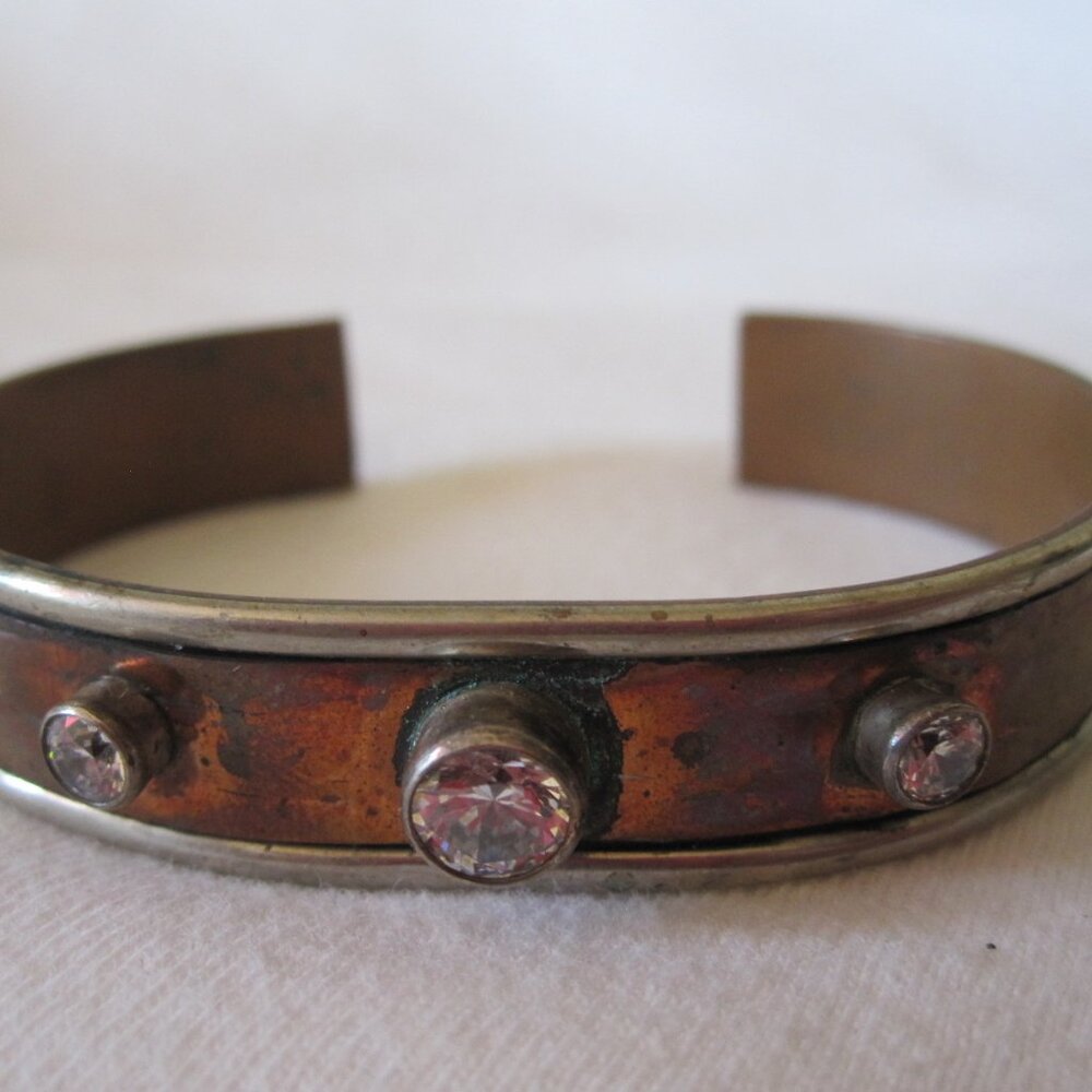 rare Christin Wolf Copper / Sterling w/ CZ's Cuff Bracelet 2.5" wide